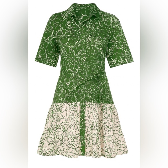 Tanya Taylor belted mini dress camo collar green ivory short sleeves button down - Picture 1 of 4